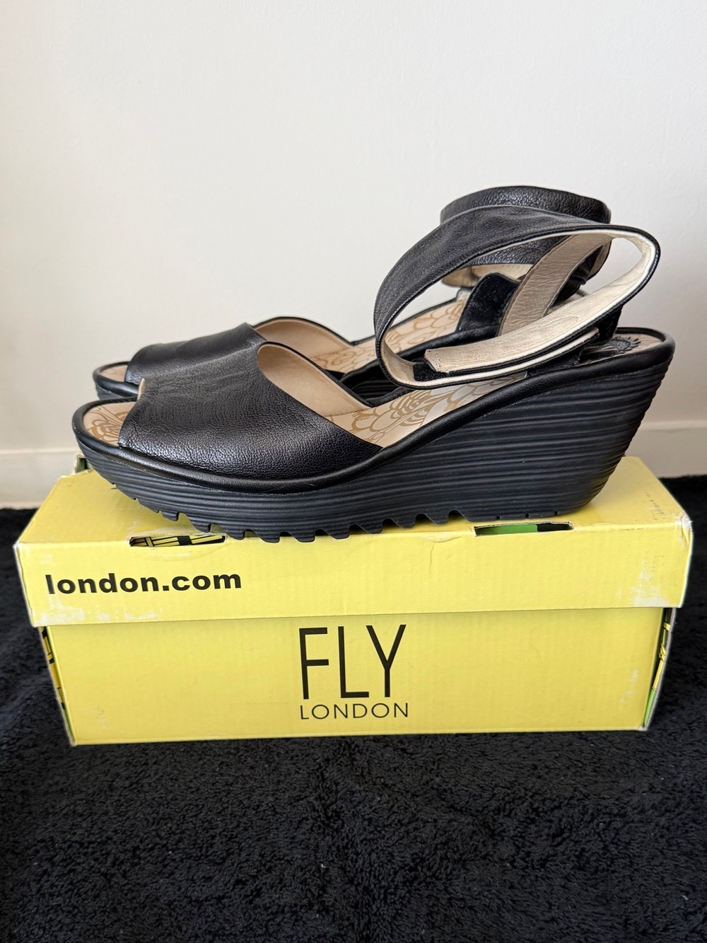 Fly London Black Leather Wedge Sandals with Ankle Strap